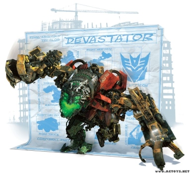 Devastator el decepticon de mayor tamaño. Optimus Prime apenas le llega por la rodilla. Imagen de dvdplay.wordpress.com.  
